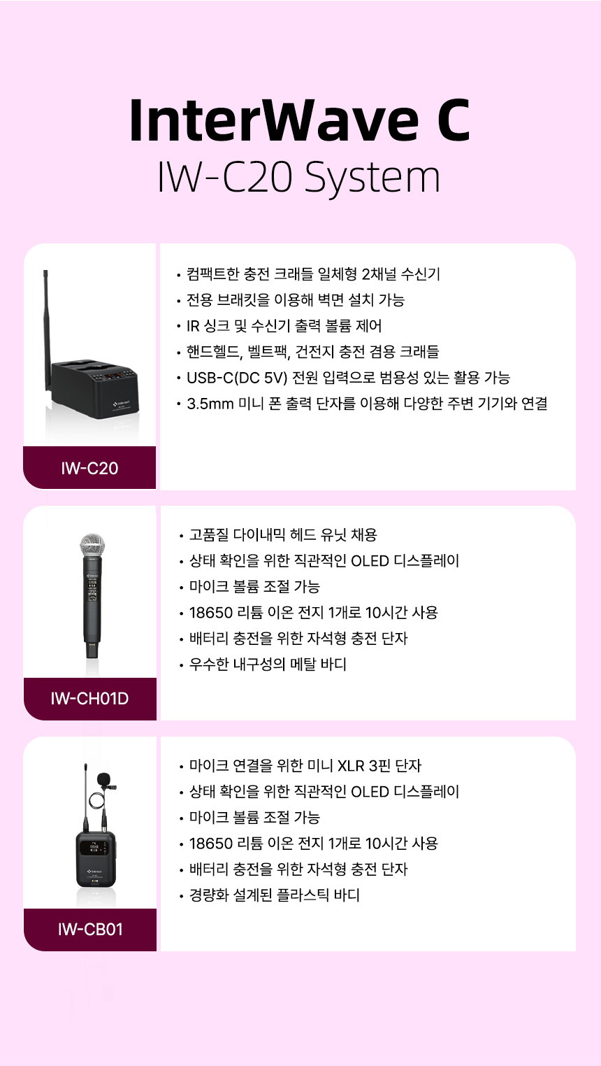 인터랙트 InterWave C IW-C20 특징 충전 크래들 일체형 2채널 수신기 전용 브래킷 벽면 설치 가능 