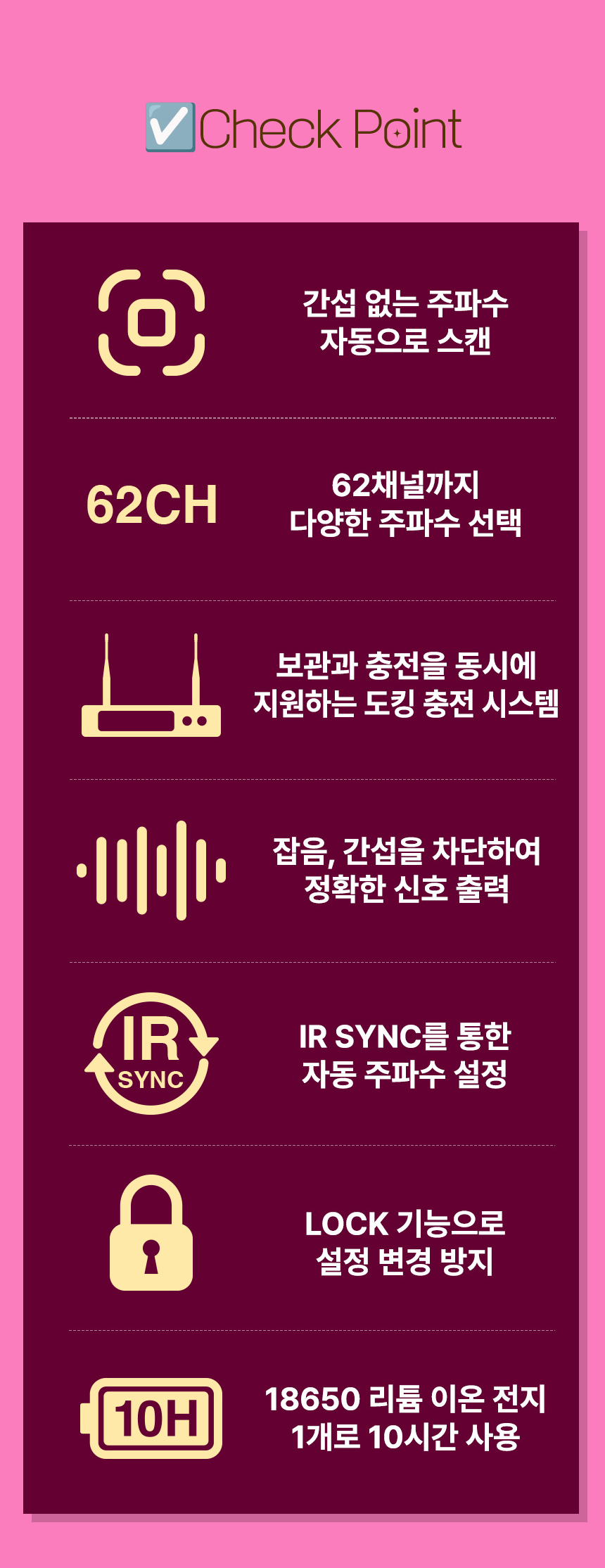 인터랙트 InterWave C IW-CH01D 주요 특징 주파수 자동 스캔 IR SYNC 교체 가능 리튬 이온 전지